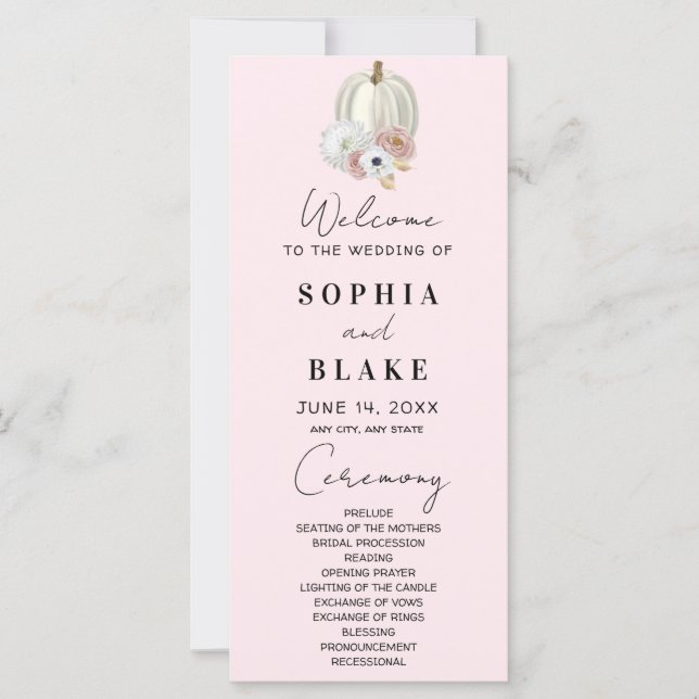 White Floral Fall Pumpkin Pink Wedding Program (Front)