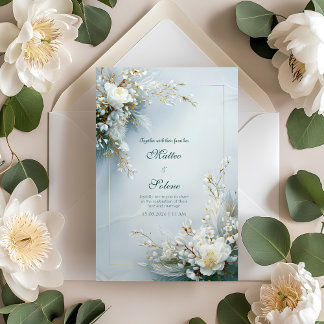 White Floral Feather Gold Frame Elegant Wedding Invitation