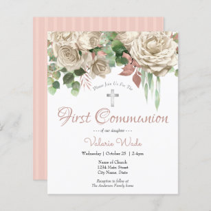 White Floral First Communion Budget Invitations