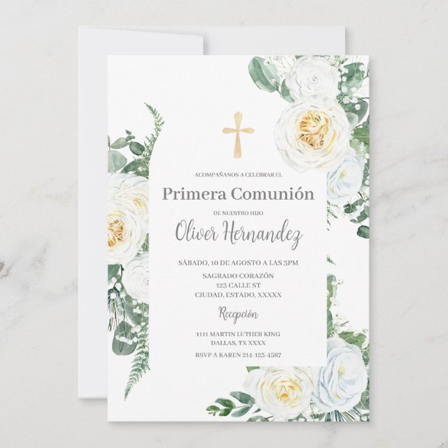 White Floral first communion Spanish Invitation (Front)