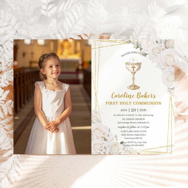 White Floral First Holy Communion Gold Chalice Invitation (Creator Uploaded)