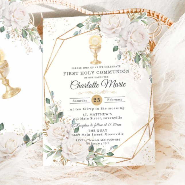 White Floral First Holy Communion Gold Chalice Invitation (Creator Uploaded)