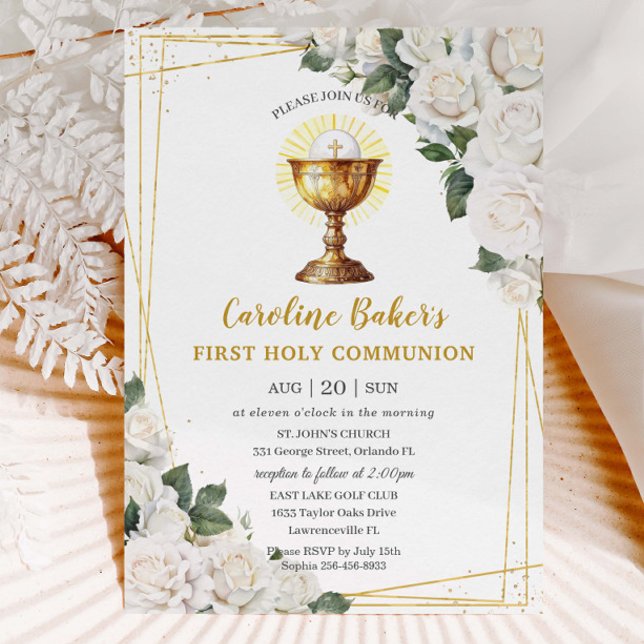 White Floral First Holy Communion Gold Chalice Invitation (Creator Uploaded)
