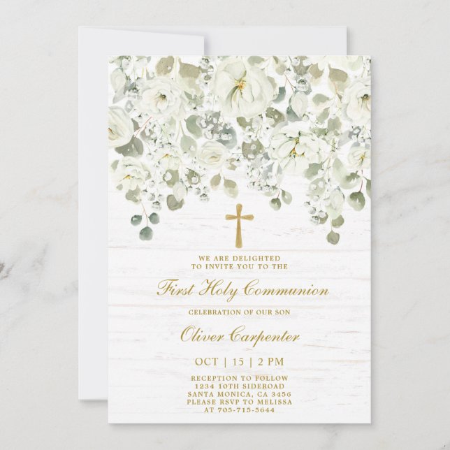 White Floral First Holy Communion Invitation (Front)