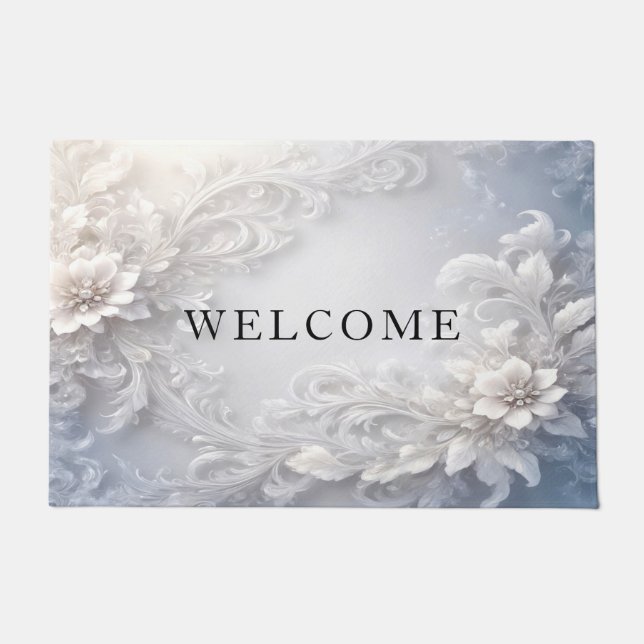 White Floral Flourish Doormat (Front)