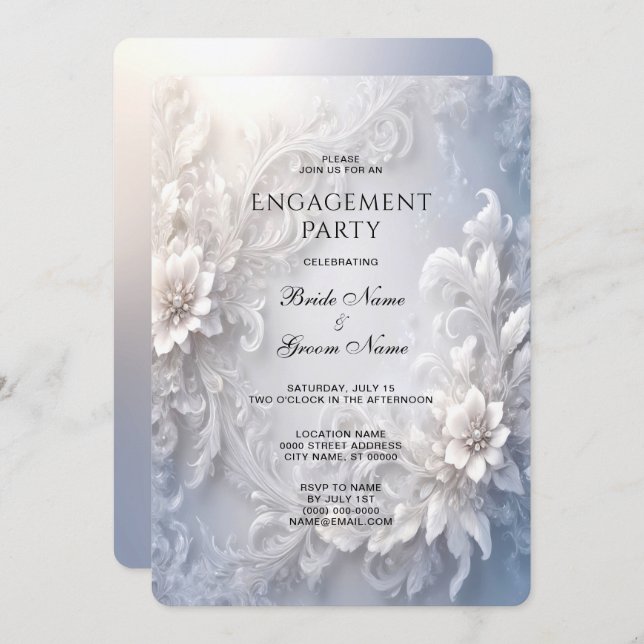 White Floral Flourish Engagement Invitation (Front/Back)