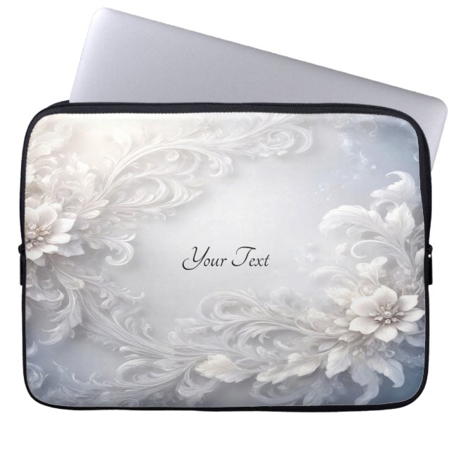 White Floral Flourish Laptop Sleeve (Front)