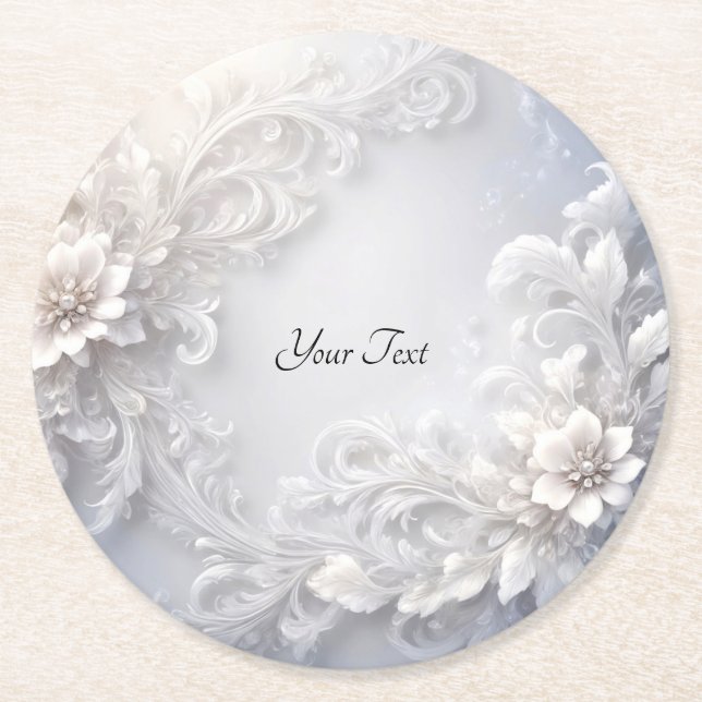 White Floral Flourish Paper Coaster (Front)