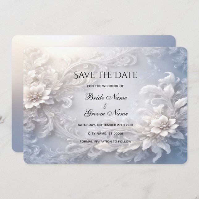 White Floral Flourish Save The Date Card (Front/Back)
