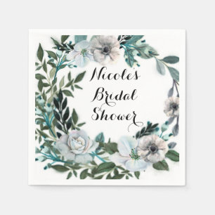 White Floral Flowers Botanical Greenery Wreath Napkin