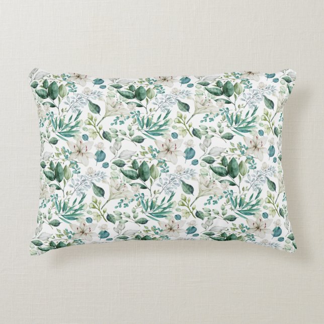 White Floral Flowers Greenery Eucalyptus Elegant Decorative Cushion (Front)