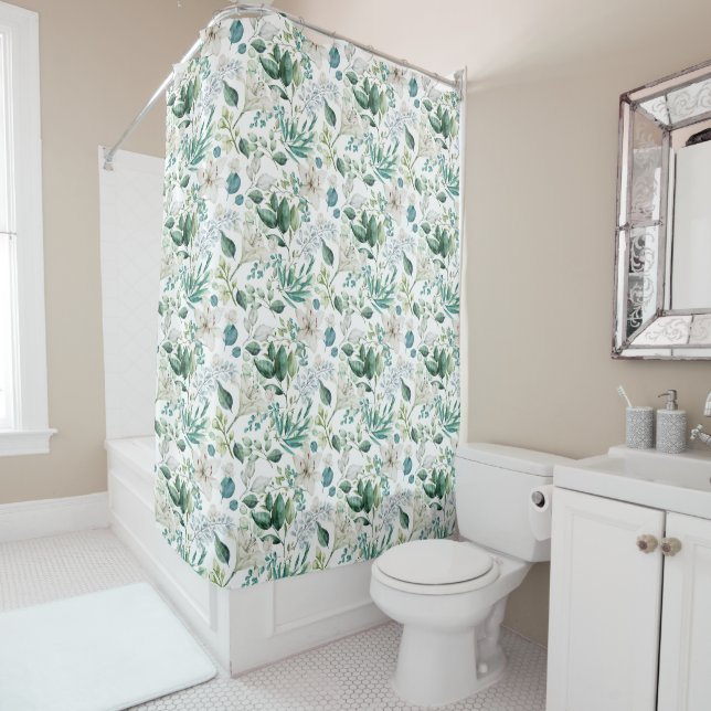 White Floral Flowers Greenery Eucalyptus Elegant Shower Curtain (In Situ)