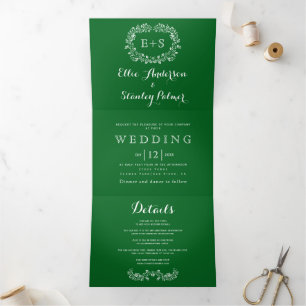 White floral frame, initials emerald geen wedding Tri-Fold invitation