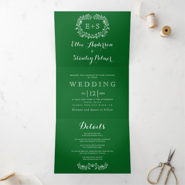 White floral frame, initials emerald geen wedding Tri-Fold invitation (Inside)