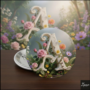 White Floral Garden Monogram Letter A 6 Cm Round Badge