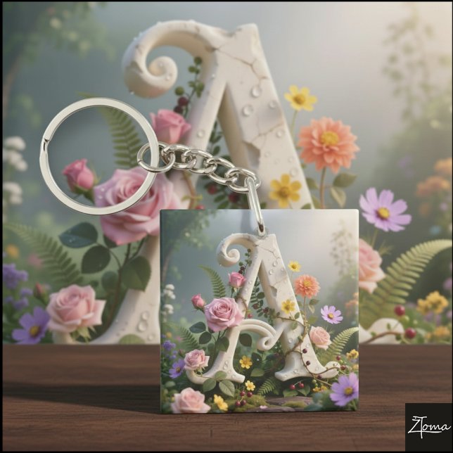 White Floral Garden Monogram Letter A Key Ring (Creator Uploaded)