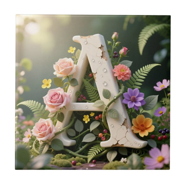 White Floral Garden Monogram Letter A Tile (Front)