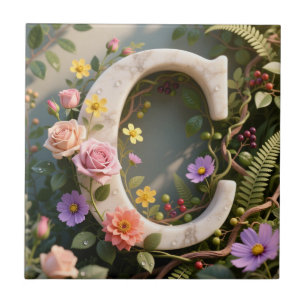 White Floral Garden Monogram Letter C Tile