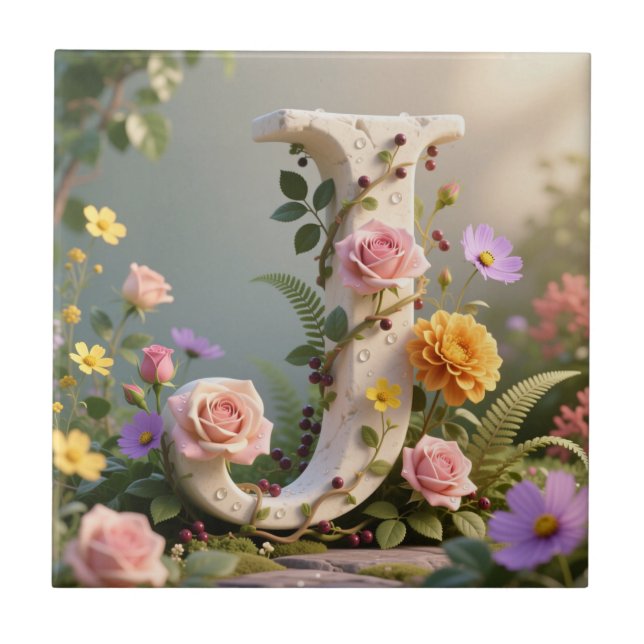 White Floral Garden Monogram Letter J Tile (Front)