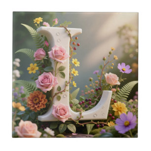 White Floral Garden Monogram Letter L Tile