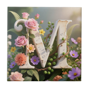 White Floral Garden Monogram Letter M Tile