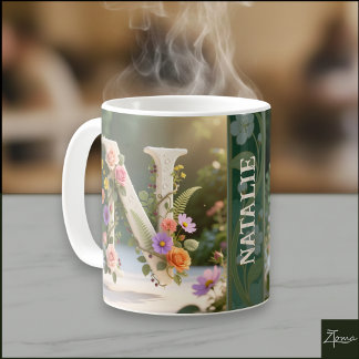 White Floral Garden Monogram Letter N Coffee Mug