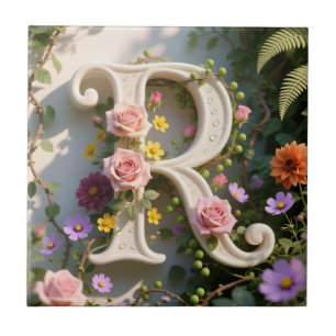 White Floral Garden Monogram Letter R Tile