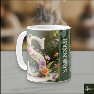 White Floral Garden Monogram Letter S Coffee Mug