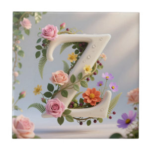 White Floral Garden Monogram Letter Z Tile
