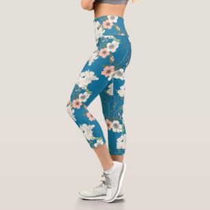 White Floral Garden Pattern Capri Leggings