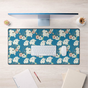 White Floral Garden Pattern Desk Mat