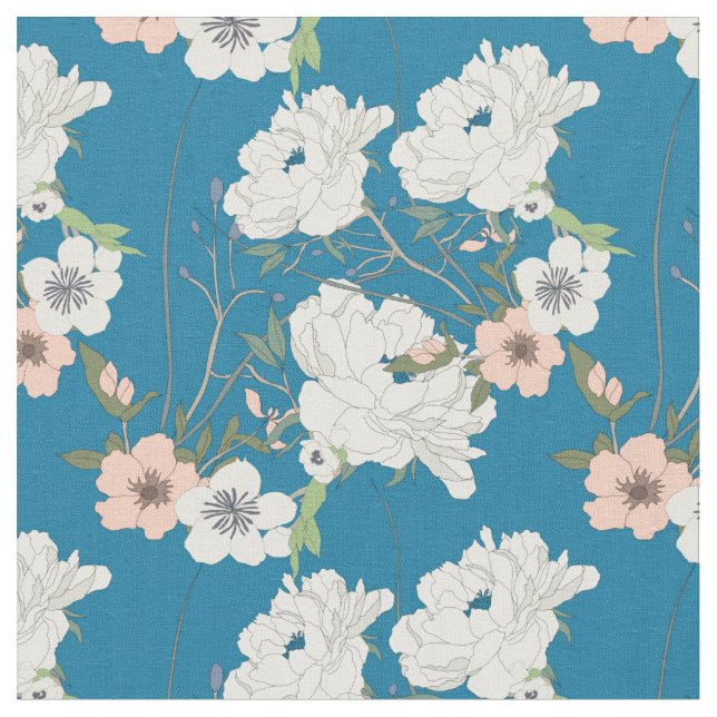 White Floral Garden Pattern Fabric (Close Up)