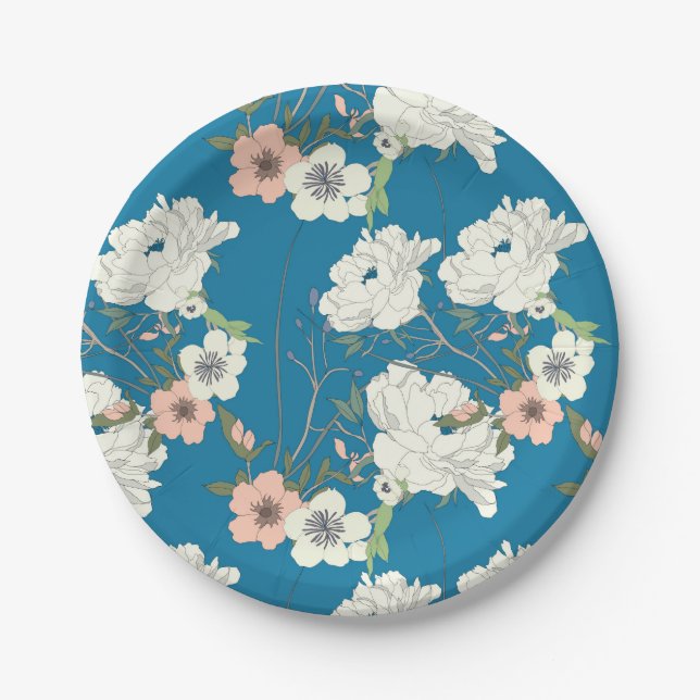 White Floral Garden Pattern Paper Plate (Front)