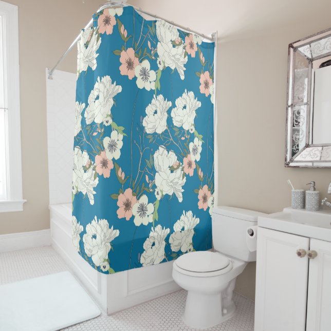 White Floral Garden Pattern Shower Curtain (In Situ)