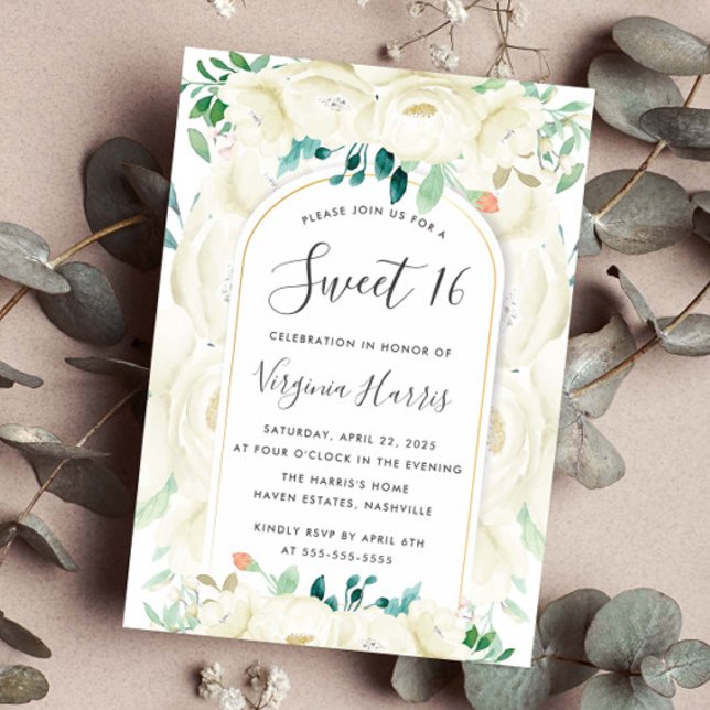 White Floral Garden Sweet Sixteen 16 Birthday Invitation (Creator Uploaded)