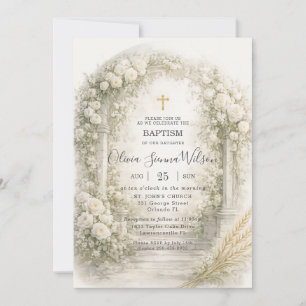 White Floral Garden Wheat Baptism Christening Invitation