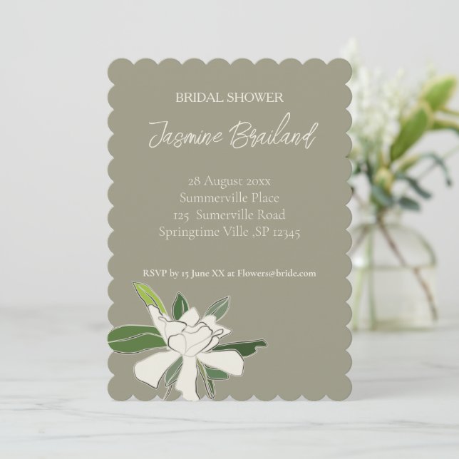 White Floral Gardenia Simple Garden Bridal Shower  Invitation (Standing Front)
