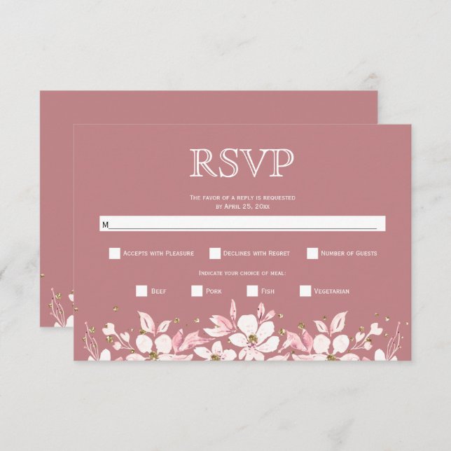 White floral garland and jewels dusty rose wedding RSVP card (Front/Back)