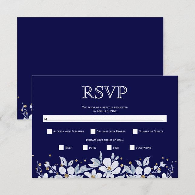 White floral garland and jewels navy blue wedding  RSVP card (Front/Back)