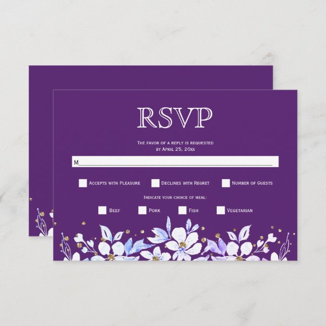 White floral garland and jewels purple wedding RSVP card (Front/Back)