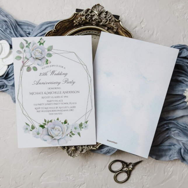 White Floral Geometric Watercolor 25th Anniversary Invitation (Creator Uploaded)