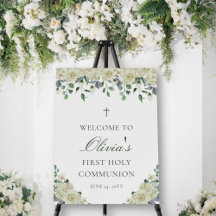 White Floral Girl's First Communion Welcome Sign