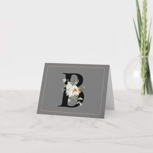 White Floral Gold Accents Monogram B Note Card (Front)