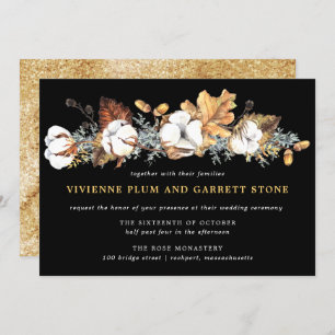 White Floral Gold Autumn Leaves Wedding Invitation