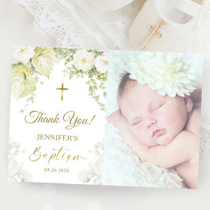 White Floral & Gold Baptism Photo Folded Thank You Card