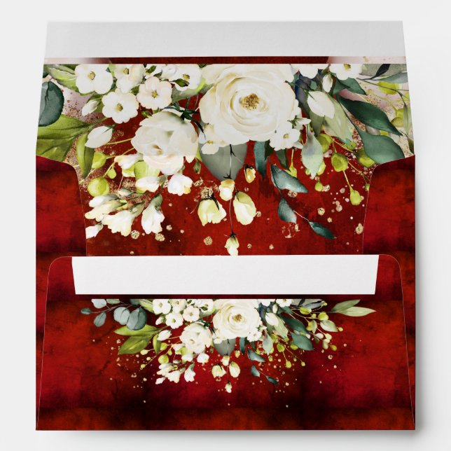 White Floral Gold Botanical Bold Red Wedding  Envelope (Back (Bottom))