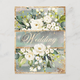 White Floral Gold Botanical Cream Ivory Wedding  Invitation Postcard