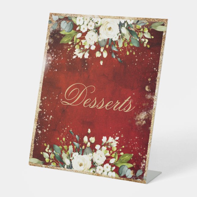 White Floral Gold Botanical Scarlet Red Framed  Pedestal Sign (Front)