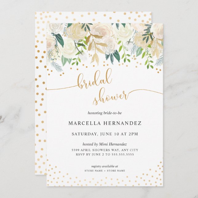 White Floral + Gold Bridal Shower Invitation (Front/Back)