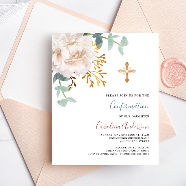 White floral gold budget confirmation invitation (Creator Uploaded)